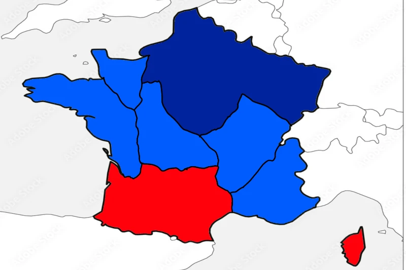 Dark blue is the main area. Blue – autonomous republics. Red is no longer part of France. Dark blue is the main area. Blue – autonomous republics. Red is no longer part of France.