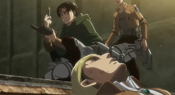 A shot from the scene of the third season, in which Eren, Levi and Mikasa decide who gets the titanium serum A shot from the scene of the third season, in which Eren, Levi and Mikasa decide who gets the titanium serum