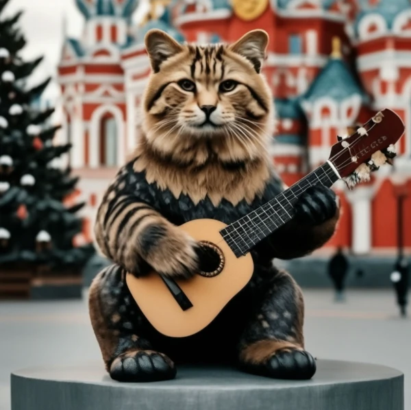 I forced the neural network, under threat of death penalty, to generate images of cats in costumes or places associated with different countries. Choose the best and most beautiful cat for you.