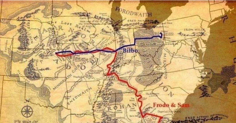 A kind person drew the routes of Bilbo and Frodo on the same map. Thanks. A kind person drew the routes of Bilbo and Frodo on the same map. Thanks.