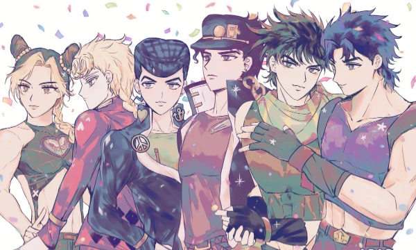 A selection of bizarre artwork featuring the protagonists of the first 6 parts of Jojo