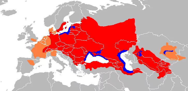Red is a natural area (freshwater reservoirs), Orange is introduced (freshwater reservoirs), blue is an area in salty reservoirs Red is a natural area (freshwater reservoirs), Orange is introduced (freshwater reservoirs), blue is an area in salty reservoirs