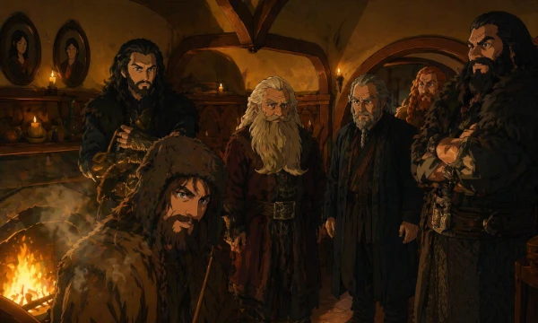 Far over the Misty Mountains cold... Thorin goes to the fireplace and starts singing. The dwarves are picking up an ancient song about gold, fire, home... That scene is in front of you. Color it.