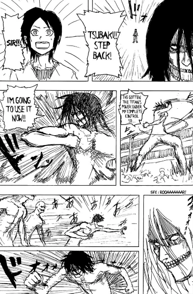 A page from the original version of the first chapter of Attack on Titan manga A page from the original version of the first chapter of Attack on Titan manga