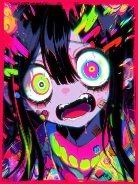 A selection of neon art with drawings.